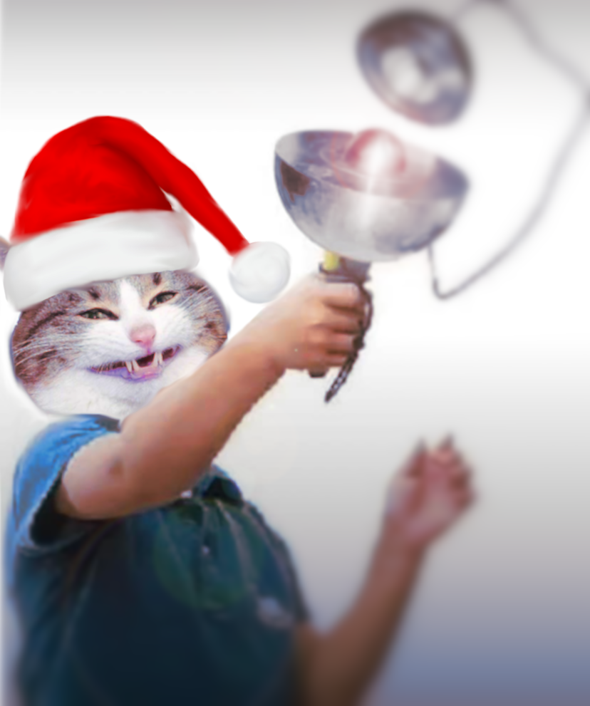 kid playing with a demon core like a ball and cup toy but the face is catte and they are wearing a santa hat